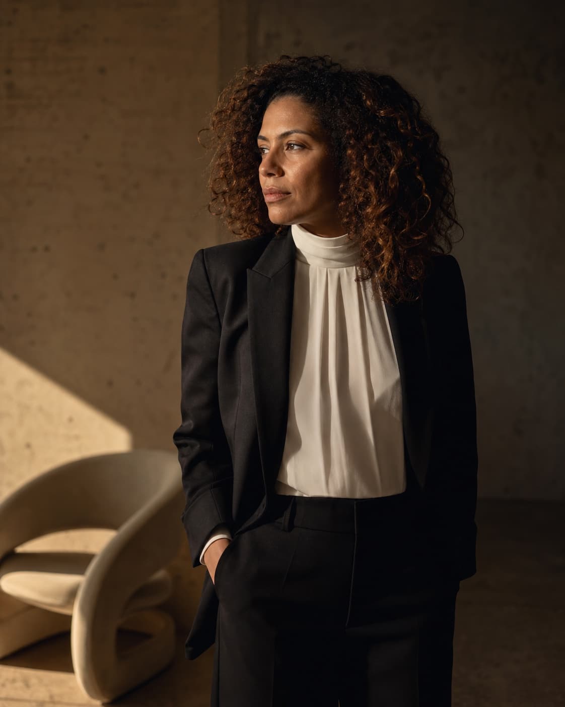 Retrato editorial de uma diretora criativa em luz quente